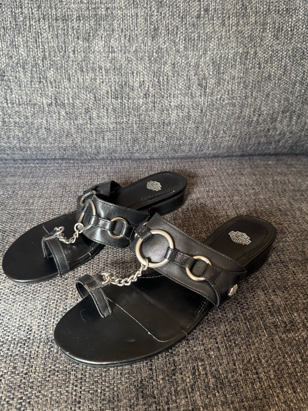 Y2K Harley Davidson Black Leather Chain-Accent Sandals